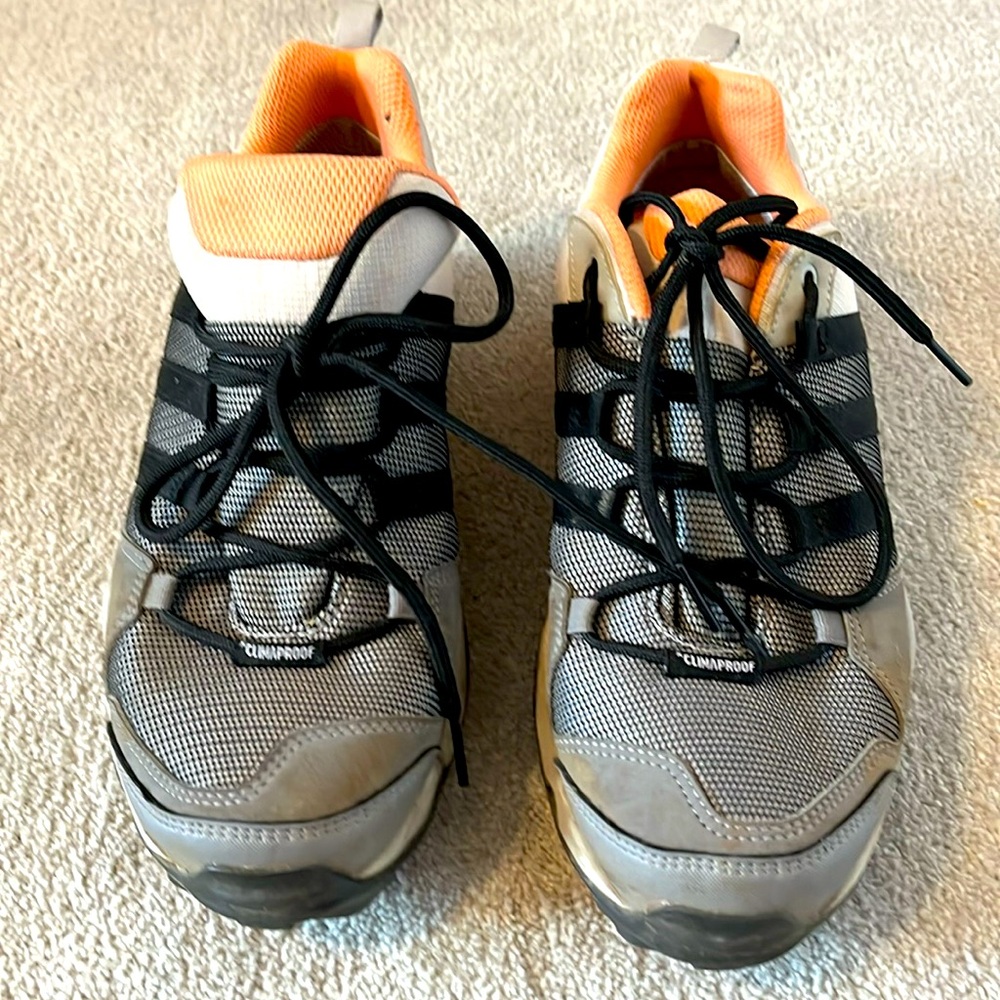 Adidas grey, orange with black trim hiking shoes. Terrex model.
